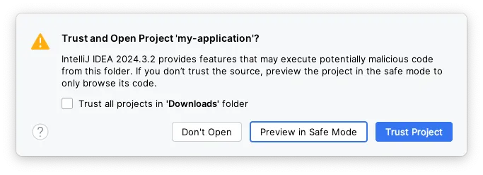 IntelliJ IDEA trust project confirmation dialog