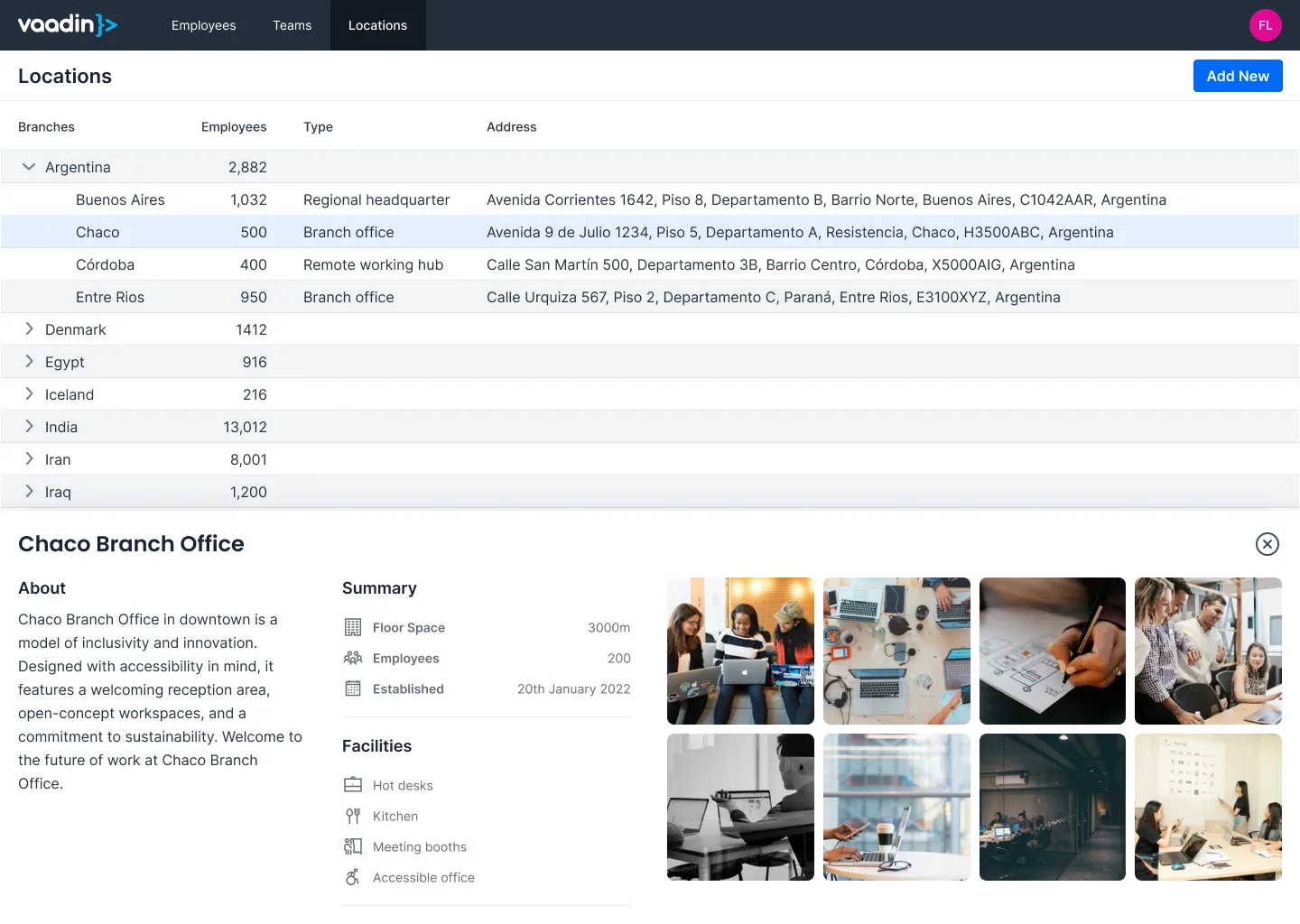A mock-up of a master-detail view showing a list of offices on the top and details of the selected office below the list